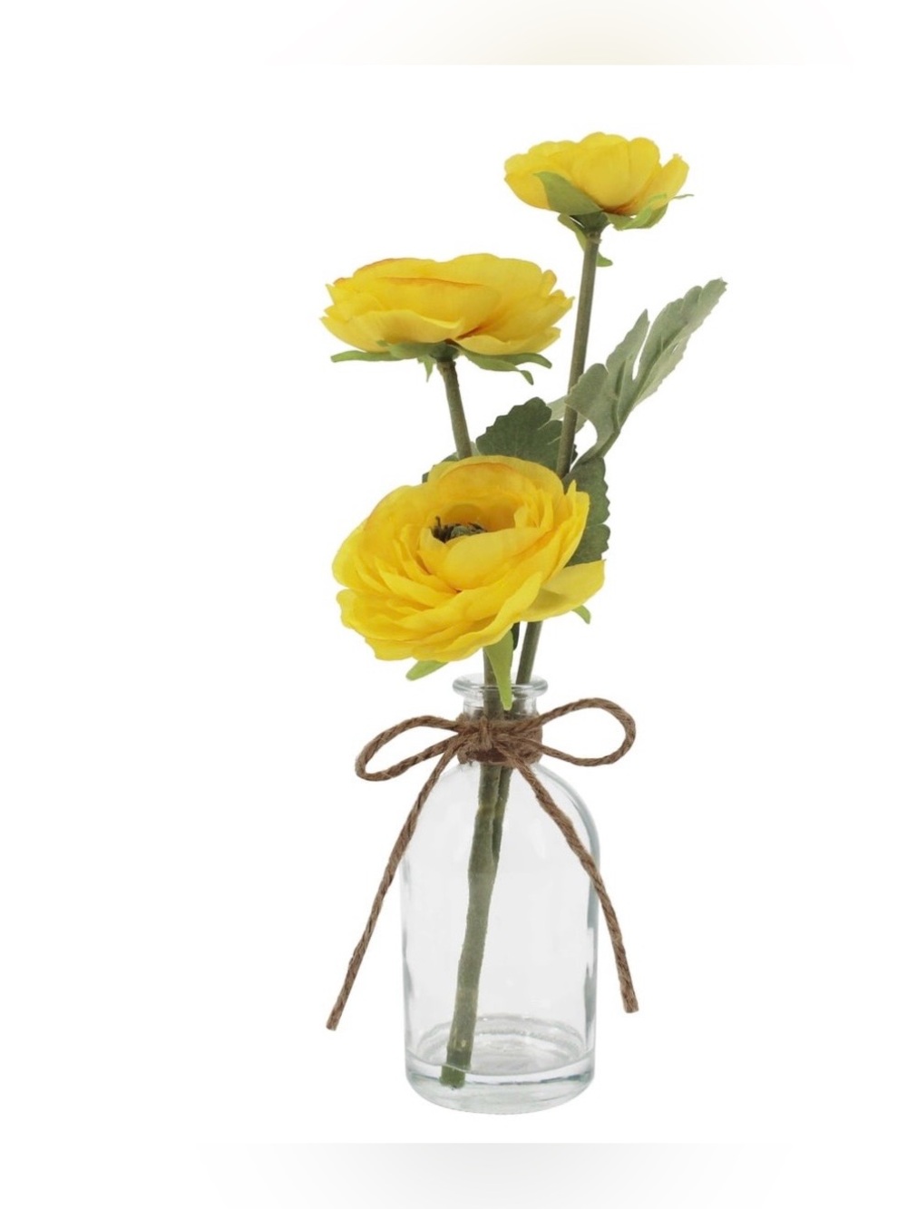 New with Tags Yellow Ranunculus Stems in Clear Bottle Vase 11.5”